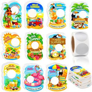 AmazingSpark 100 Pcs Summer Hawaii Scratch Off Cards 10 Styles Holiday DIY Scratch Blank Gift Certificates with 300 Stickers Party Game Cards for Adults Groups Party Favor Prizes Business