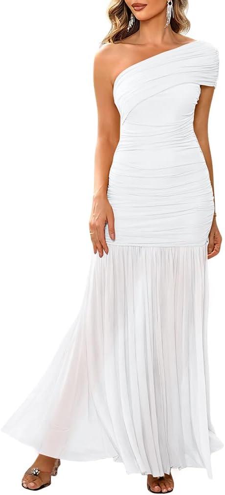 LAGSHIAN Women's Elegant Formal Long Dress One Shoulder Sleeveless Ruched Bodycon Evening Dress,Medium