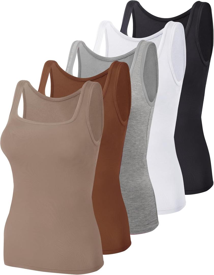 BQTQ 5 Pack Women's Tank Tops Square Neck Sleeveless Ladies Tank Top Undershirts (Medium, Black, White, Gray, Sienna, Mistyrose)