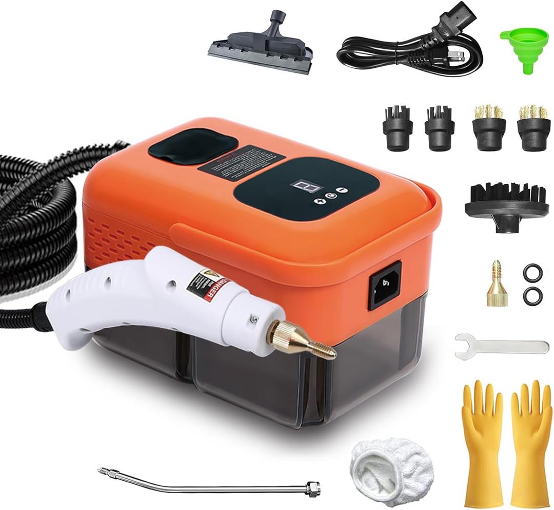 Heavy Duty Handheld Steam Cleaner, 15s Heat-Up, 9-Level Adjustable 2500W Pressurized Steamer for Cleaning with 14 Accessories, Multipurpose Portable Steam Cleanr for Home, Car, Grease, GroutOrange