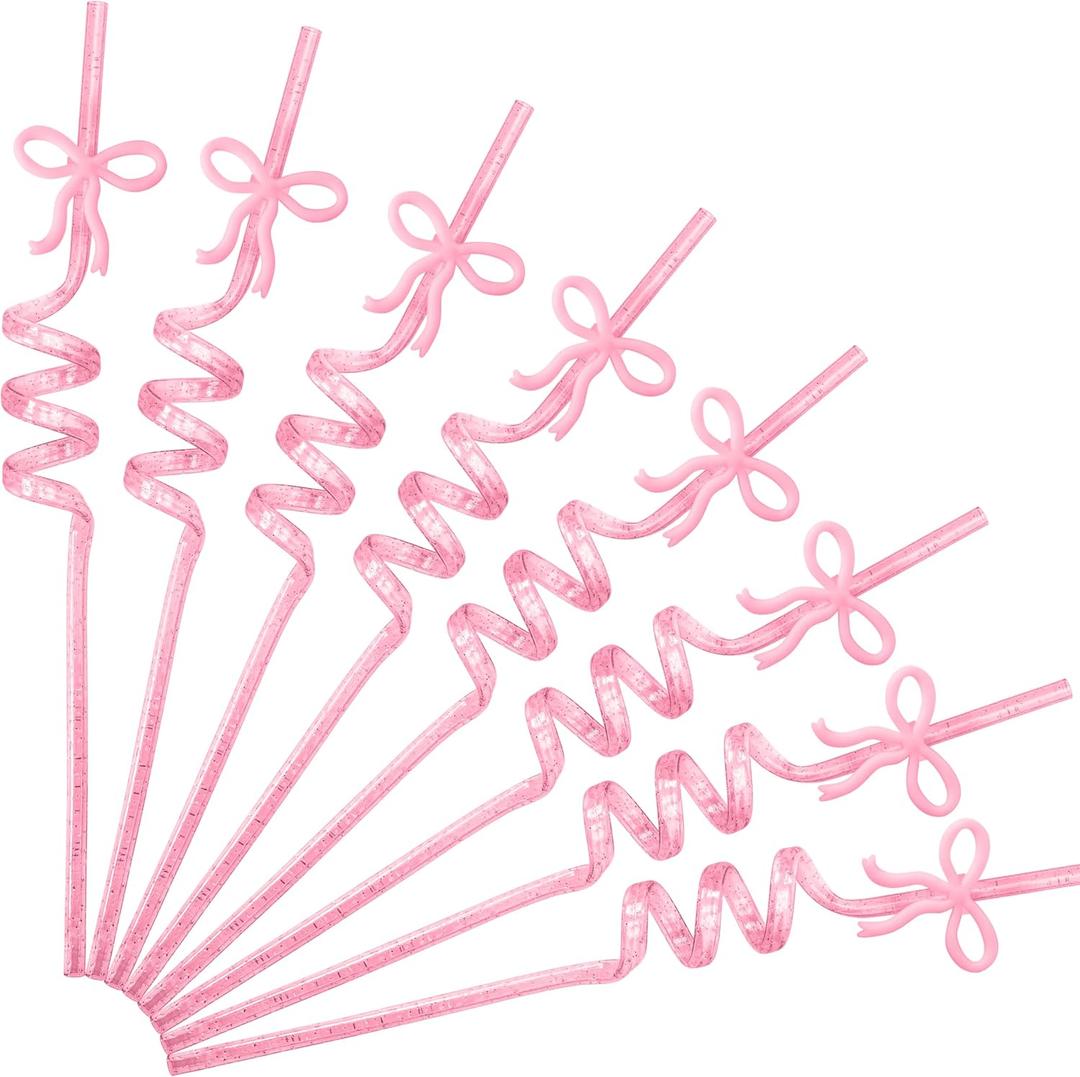 JOYIN 24 Pcs Valentine's Day Pink Glitter Straws with Bow Charms, 7.9" Reusable Plastic Straws, Pink Bow Themed Bachelorette Birthday Baby Shower Party Coquette Room Decor Tableware Drinkware Supply