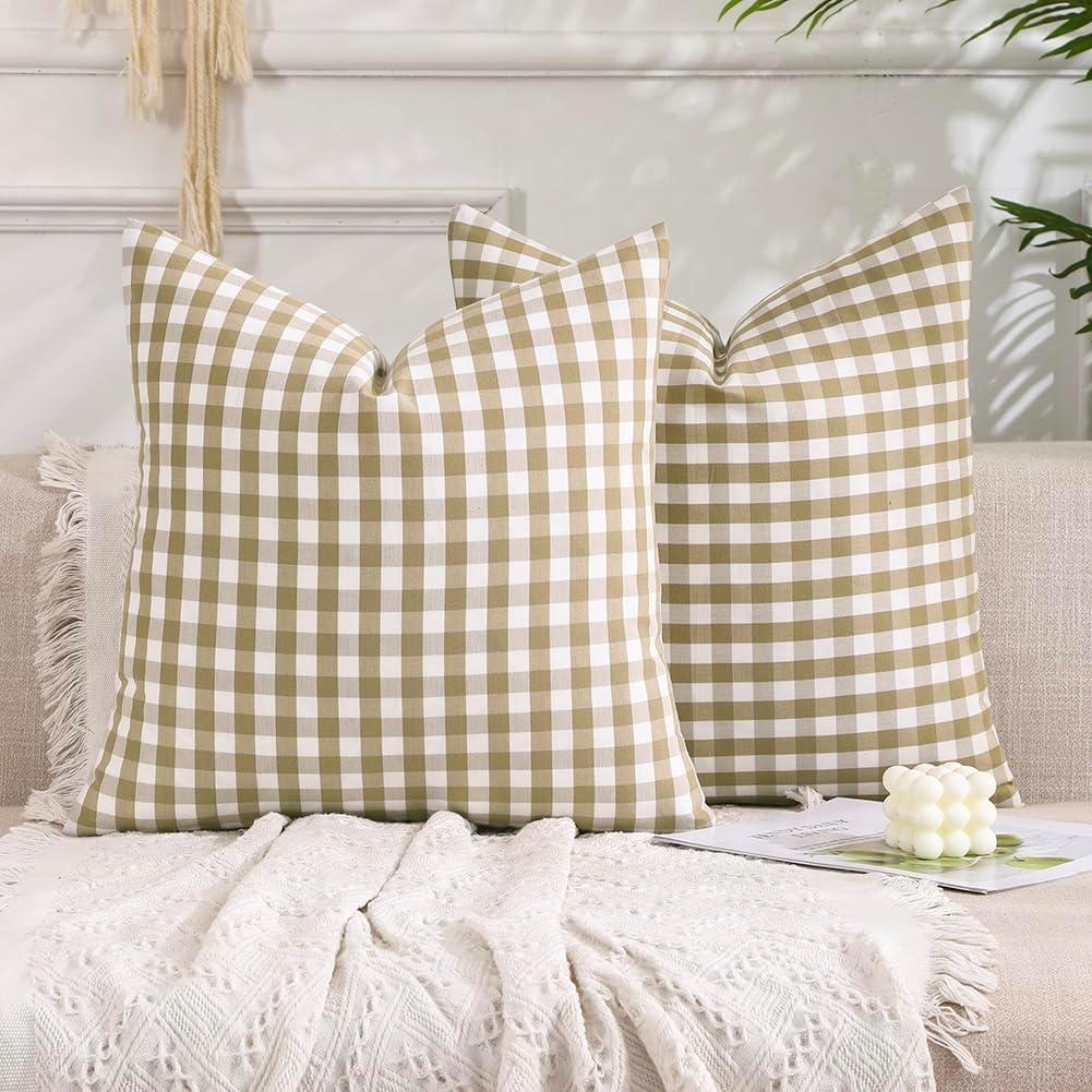 CARRIE HOME Brown Gingham Checkered Throw Pillow Covers 18x18 Set of 2, Neutral Modern Farmhouse Dark Brown Khaki Outdoor Pillows 18 x 18 for Porch Patio Furniture (No Pillow Inserts)