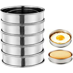 5PCS Crumpet Rings, 4" Stainless Steel Egg Rings for English Muffin, Tart, Cookie, Frying Egg, Double Rolled Round Cake Mold