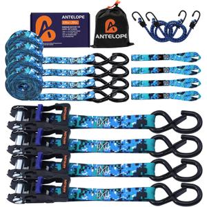 A ANTELOPE Ratchet Tie Down Straps, 4 Pack of 15', 2,100LBS Breaking Strength, Rubber Handles, Coated Metal Safety Lock S Hooks, 2 Bungee Cords for Motorcycle, Truck Cargo(Blue)