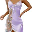Women's Mesh Floral Embroidery Lace Trim Sheer Chemise Sleep Dresses Babydoll Nightgown Satin Slip Dress (Mauve Purple), Small