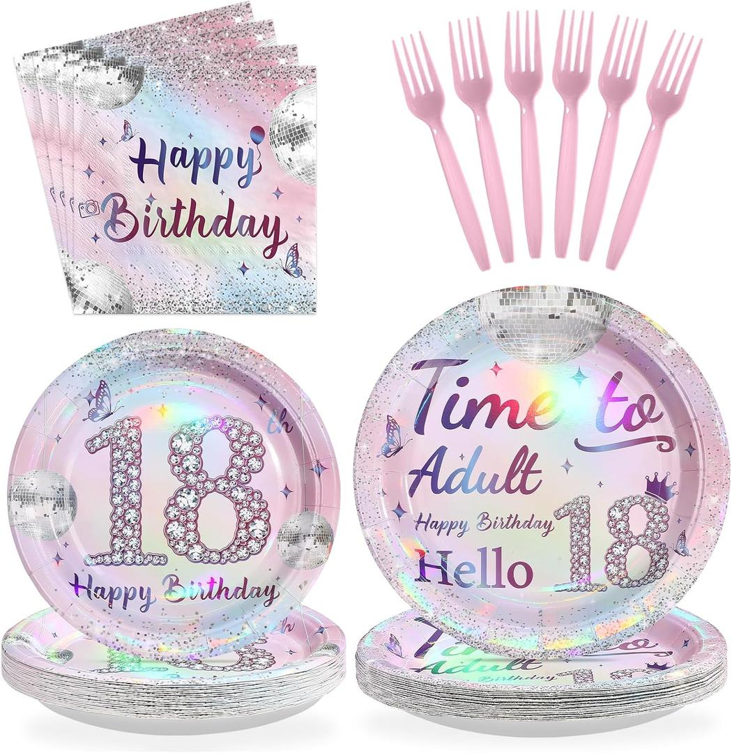 96Pcs 18th Birthday Party Decorations for Girls Time to Adult Plates and Napkins Iridescence Silver Pink 18th Tableware for Girls Time to Adult Eighteen Birthday Party Decorations Serve 24