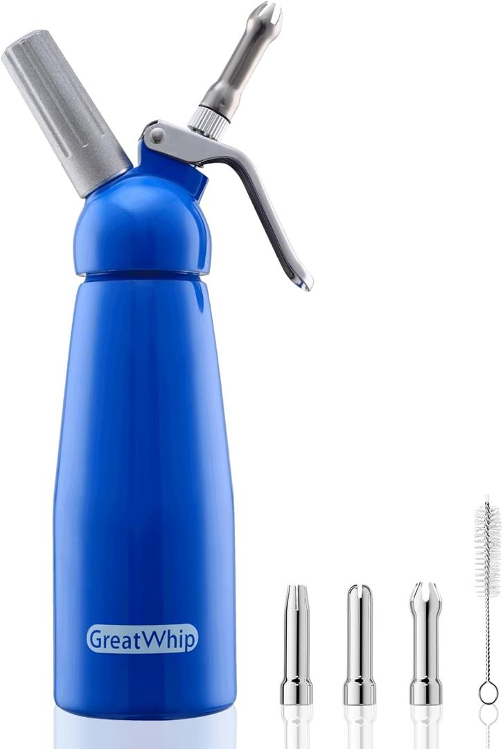 GreatWhip Whipped Cream Dispenser Highly Durable Aluminum Whip Cream Maker 500ml /1 Pint Large Capacity Cream Whipper with 3 Stainless Steel Nozzles & Cleaning Brush (Blue)