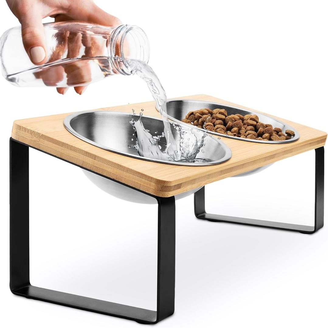 Raised cat Bowls for Indoor Cats by WinTruffles, Elevated cat Bowls, Tilted and Elevated Anti Vomiting Cat Dishes for Food and Water, Set of 2 Stainless Steel Bowl