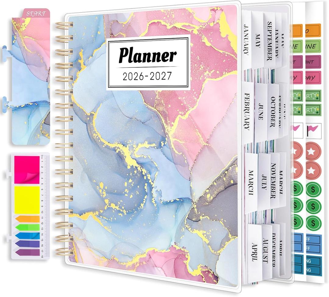 Planner 2026-2027, Large 18 Months Academic Daily Weekly Monthly Planner Yearly Agenda Jan. 2026June. 2027, 7.9" x 9.8", Page Tabs, Separator Page, Pocket Folder, Bookmark, Stickers, Sticky Note Set (Pink Blue Marble)