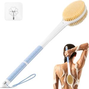 Back Scrubber Body Shower Brush: Anti Slip Long Handle Bath Brush with Stiff and Soft Bristles - Showering Exfoliator Wet or Dry Brushing for Women, Men, Elderly (Blue)