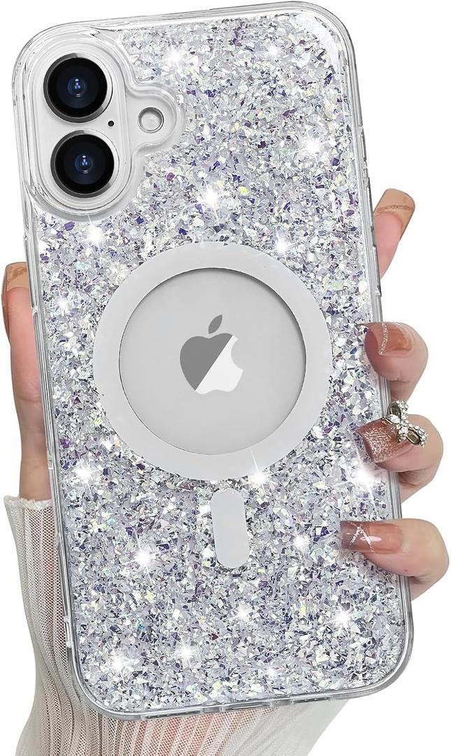 Bonoma for iPhone 16 Plus Case Sparkly Glitter Bling Back, Magnetic Support for MagSafe Shockproof, Crystal and Clear High-Duty Protection for Girls Women-Glitter Crystal