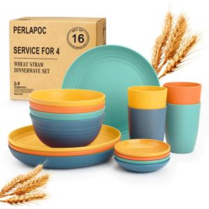 Wheat Straw Dinnerware Sets, Unbreakable Plates and Bowls Sets of 16, Kids Dinnerware Set Sevice for 4, Dishwasher & Microwave Safe Dish Set for Kitchen, Outdoor, Camping - Multi