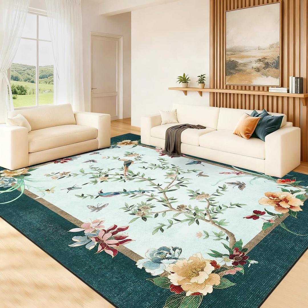GarveeHome 8x10 Area Rugs Chinoiserie-Style Washable Rugs 8x10 Oriental Colorful Butterfly Birds Floral Rug Non Slip Low Pile for Kids Living Room Bedroom Nursery Dining, Blue