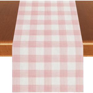 Watercolor Pink White Buffalo Check Plaid Table Runner Gingham Tablecloth Farmhouse Spring Summer Easter Home Kitchen Table Decorations-1372''(Pink and White)