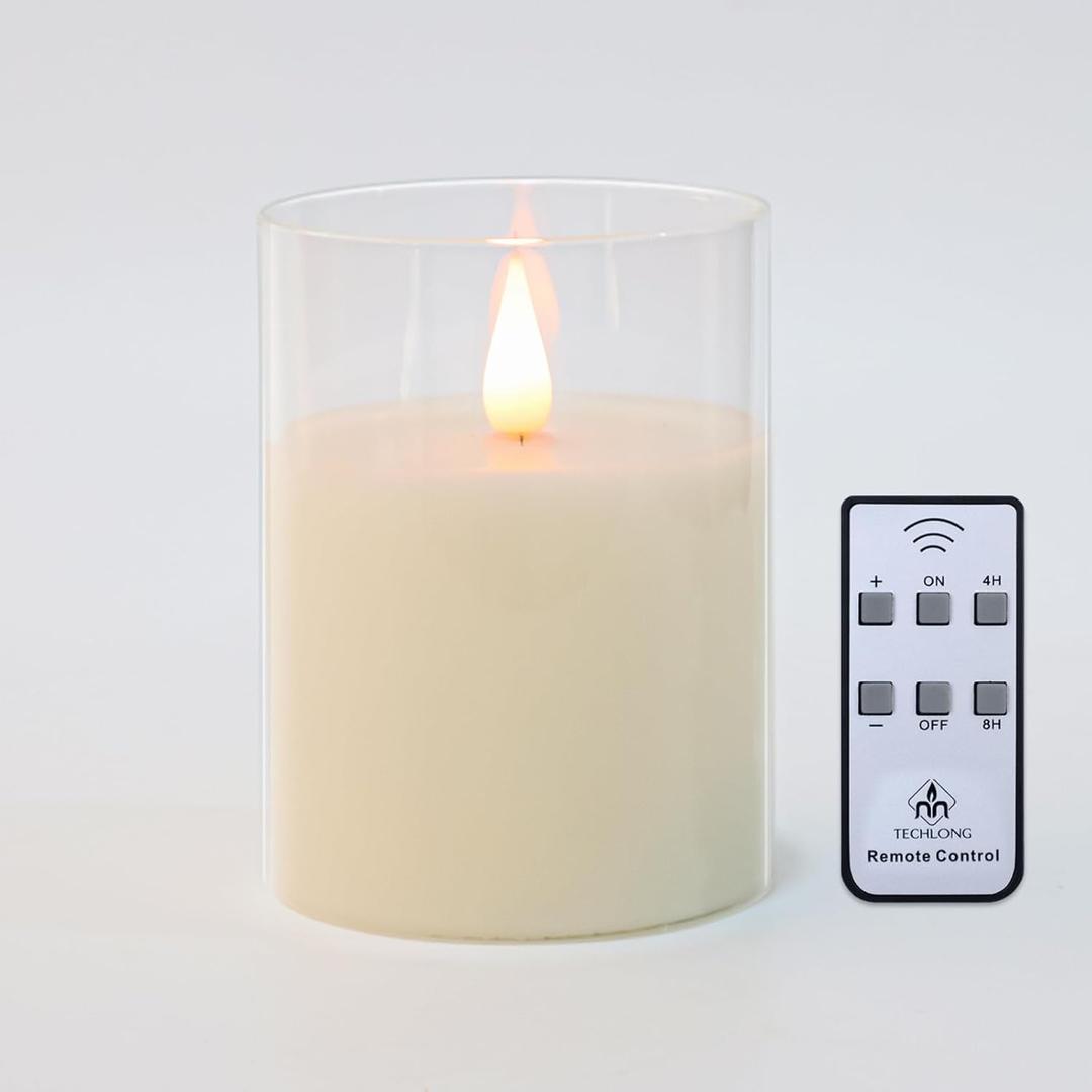 Glass Flameless Candles with Remote Timer, 3D Moving Flame Flickering, Last 600+ Hours Battery Candles, Real Wax LED Votive Candle for Festival Wedding Home Party Decor, 3" x 4"