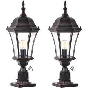 Dusk to Dawn Post Light, 24" High Outdoor Lamp Post Light Fixture with Pier Mount for Porch, Large Exterior Waterproof Post Lantern with Seeded Glass, 2 Pack, LMMS4610-M-2P (Bronze)