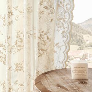 Beige Lace Curtains 84 Inches Long Victorian Floral Sheer Curtains for Living Room Bedroom Decor Drapes Rod Pocket Light Filtering French Window Curtains 2 Panels Set for Dining Room, 52x84