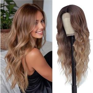 Long Brown Balayage Blonde Wigs for Women 26inch Wavy Curly Wig Natural Looking Middle Part Synthetic Heat Resistant Hair Replacement Wigs for Daily