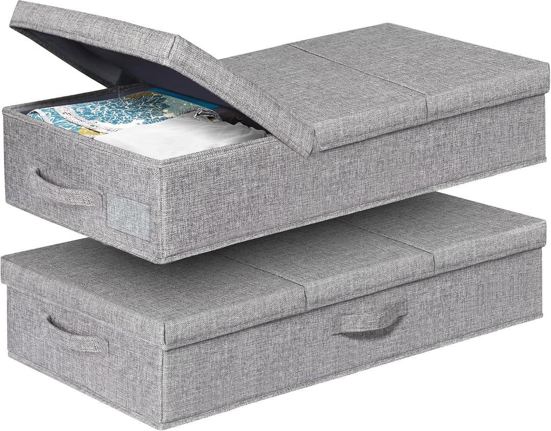 punemi Under Bed Storage With Lids, 2 Pack Large Underbed Storage Containers Clothes W/ 3 Handles, Foldable Low Profile Stackable Drawer Organizer Bins Box for Blanket Shoe Bedroom, 31.1*15.7*6inch
