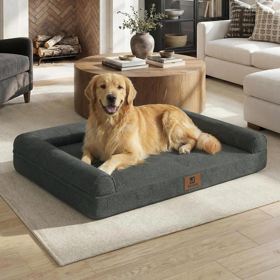 Sytopia 42 Inch Indestructible Dog Beds for Large Dogs, Big Chew Proof Orthopedic Egg Crate Foam Pet Bed with Washable Removable Cover and Anti-Slip Bottom, Black