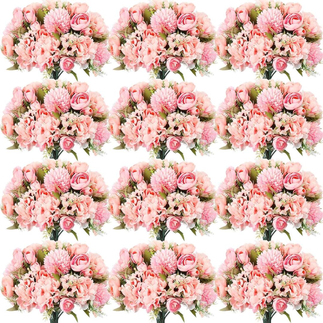 Tigeen 24 Bundles Peonies Artificial Flowers Faux Roses Silk Flowers Hydrangea Artificial Bouquet for Wedding Table Centerpiece Floral Vase Home Office Bridal Decor (Pink)