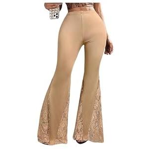 RoseSeek Women's Sheer Lace Y2K Flare Pants Low Rise Elastic Waist Skinny Bell Bottoms Casual Trousers Khaki S