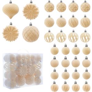 Velvet Christmas Balls 48pcs Flocked Christmas Tree Ornaments Set Shatterproof Christmas Ornaments with Hanging Rings Suitable for Xmas Tree Holiday Decor(Creamy White)