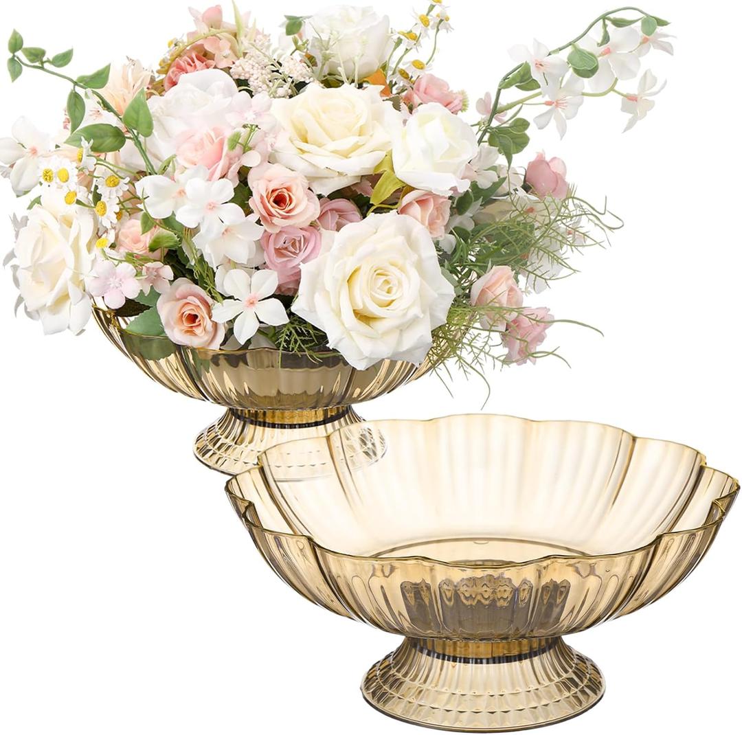 Kathfly 2 Pcs Plastic Gold Fruit Bowl Flower Vase 9.8 x 4 Inch Vintage Wedding Centerpieces Vase Table Decoration Flower Arrangement Planter for Dining Home Anniversary Ceremony Decoration
