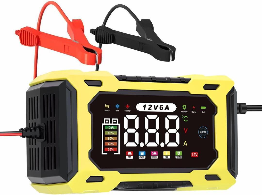 6-Amp 12V Smart Car Battery Charger, Battery Maintainer Trickle Charger with Desulfator, Pulse Repair & Overcharge Protection - for Car Lawn Mower Marine Lead-Acid Batteries (Yellow)