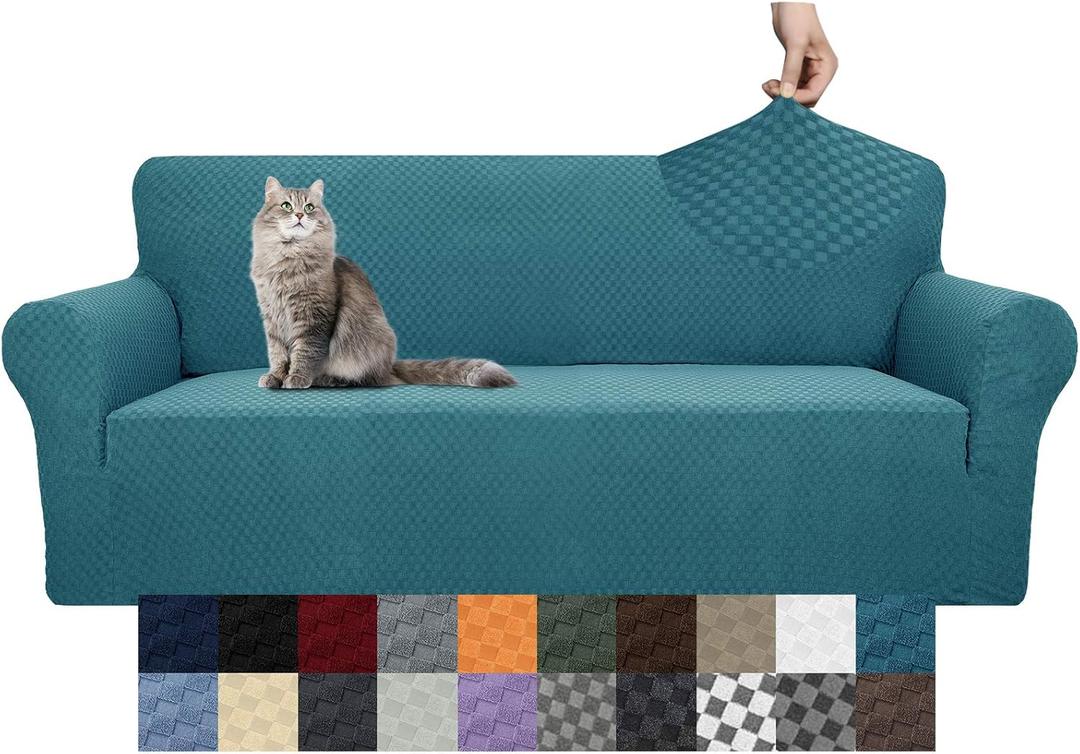 YEMYHOM Couch Cover Latest Jacquard Design High Stretch Sofa Covers for 3 Cushion Couch, Pet Dog Cat Proof Slipcover Non Slip Magic Elastic Furniture Protector (Sofa, Teal) (Large (71"-91"), Peacock Blue)