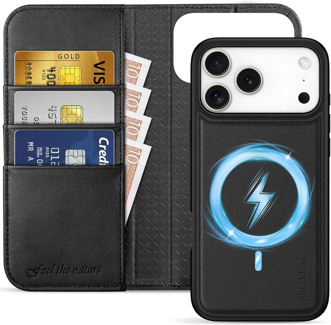 SHIELDON 2-in-1 Genuine Leather Wallet Case for iPhone 17 Pro Max 6.9" 2025 | Detachable, Wireless Charging, Flip Magnetic Closure, Kickstand, RFID Blocking Card Slot, Shockproof Cover - Nappa Black