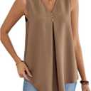 SOLY HUX Women's V Neck Pleated Tank Top Sleeveless Tunic Vest Shirts Casual Summer Blouse (Large, Coffee Brown)