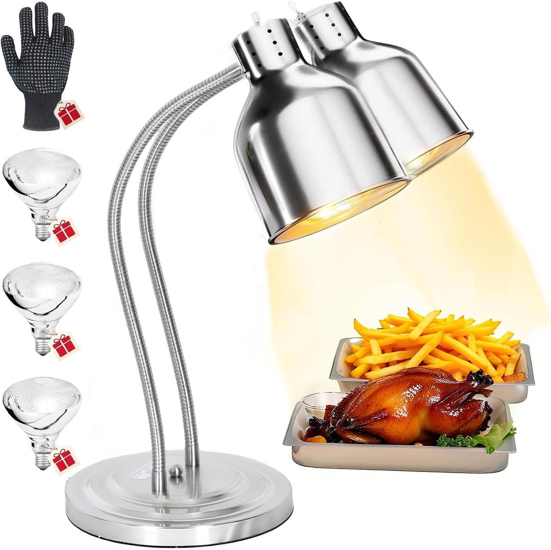 Food Heat Lamp - [Free Heat-Resistant Gloves] [3 Bulbs Included] [2-Head Adjustable], 500W Commercial Food Warmer, Catering Heating Light for Restaurants, Buffets & Kitchens - Silver
