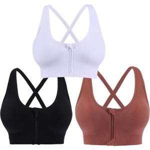 AKAMC 3 Pack Women's Medium Support Cross Back Wirefree Removable Cups Yoga Sport Bra (Large)