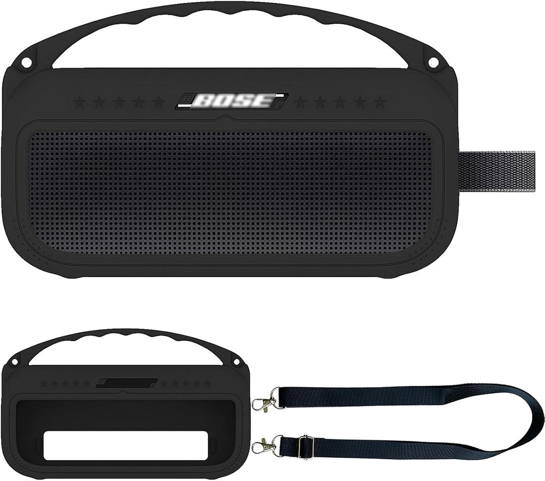 JCHPINE Silicone Cover Case for Bose SoundLink Flex Bluetooth Portable Speaker Accessories, Silicone Skin for Bose SoundLink Flex Speaker Shoulder Strap(Upgraded Black Case)