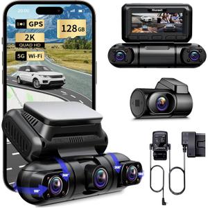 Rhorawill 4 Channel Dash Cam,Front Rear Inside Left Right Full HD Car Camera,Radar Motion Detection Car Dashboard Camera Recorder,5G WiFi GPS,Night Vision,24H Parking Mode,3 Free 128GB,Hardwire Kit