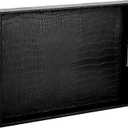 Lyellfe Black Serving Tray with Handles, Decorative Ottoman Tray in Alligator Faux Leather, 17x12 Inch Rectangular for Coffee Table, Living Room, Bed or Dressing Table