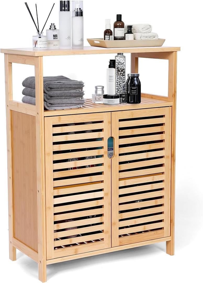 Bamboo Storage Cabinet with Doors, Floor Freestanding Cabinet with Shelves for Bathroom, Kitchen, Living Room
