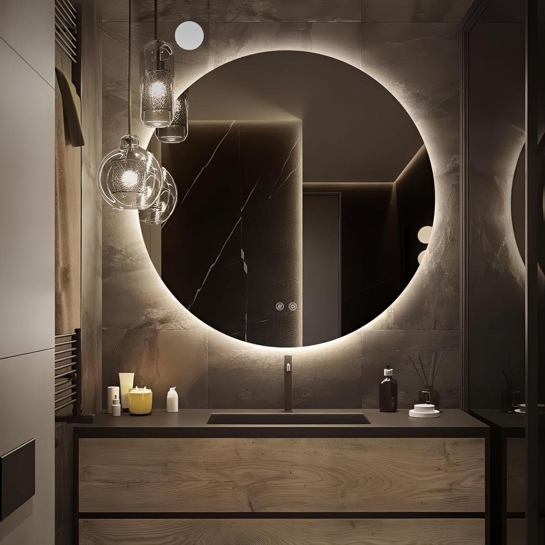 Round LED Mirror for Bathroom, 30" Circle Frameless Backlit Mirror with Lights, Wall Mounted Vanity Mirror, 3 Colors, Dimmable, Anti-Fog, IP65 Waterproof, Memory Function, UL Listed
