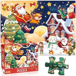 Christmas Jigsaw Puzzle for Kids Ages 3-5 4-8 Year Old and Up，Jumbo 72 Piece Reindeer Floor Puzzle Fancy Toddler Learn Educational Toys Gift Box
