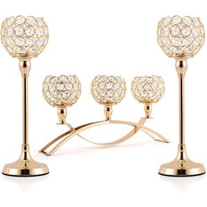 VINCIGANT Set of 3 Gold Candle Holders Wedding Table Centerpieces,Tealight Candlestick Candelabra Stand with 3 Arms for Fireplace Home Living Room Decor,Valentine's Day Housewarming