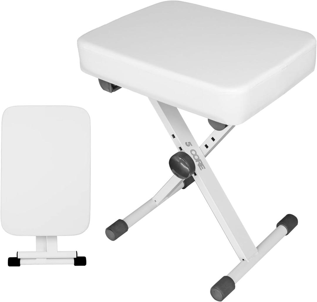 5 CORE Keyboard Bench 3 Inch Padded Cushioned Piano Stool Height Adjustable Guitar Seat Heavy Duty Folding Portable Musician Chair W Nonslip Rubber Feet White - KBB WH HD