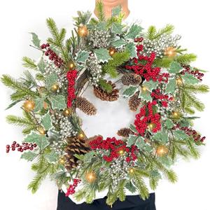 Timer - Christmas Wreath with Lights, 20" Christmas Wreaths for Front Door with 30LED Thick Norfolk PE Pine & Holly Leaves Red & Silver Berries Pinecones, Xmas Door Wreath for Indoor Outdoor Wall Home