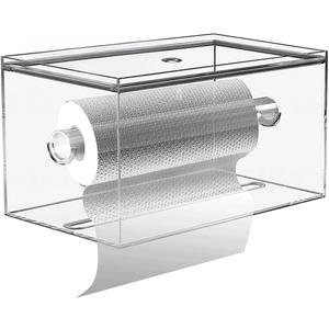 Kitchen Paper Towel Holder with Lid Wall Mount Acrylic Hanging Paper Towel Dispenser and Storage Box for Bathroom with Shelf, Prevent from Water and Dust, Clear