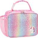 BrainyBees Kids Lunch Bag for Girls - Insulated Kids Lunch Box with Water Bottle Holder Toddler Lunchbox for Daycare and School, Easy to Clean, Glitter Pink Unicorn