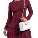 Wenrine Womens Fall Long Sleeve Mini Dress Casual Boat Neck Ruffle Hem Ruched Slim Fit Party Dresses Burgundy M