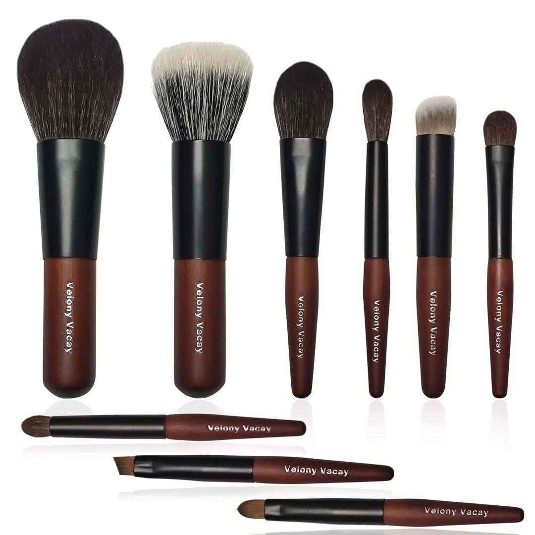 Mini Makeup Brush Set, 9 Full Face Mini Travel Make Up Brushes Set, Synthetic & Natural Hair Makeup Brushes For Blush, Eyeshadow, Conceal, Eyebrow Brush, with a compact Brush Case