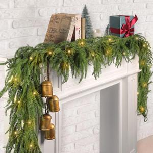 Fovths 1 Pack 9 Feet Christmas Norfolk Garlands Set Artificial Faux Greenery Garland 4 Cow Bell with Jute Hanging Rope Light String Winter Pine Garland for Xmas Indoor Holiday Decor, Green