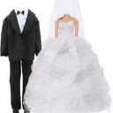 Wedding Outfit Set Including 1 White Wedding Dress with Veil 1 Formal Business Suit 2 Shoes,Bride Gown Groom Clothes Suit for 11.5 inch Girl & Boy Dolls (NO Doll)
