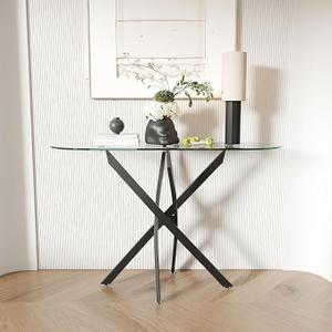 Oval Console Table Modern Narrow Sofa Table with Tempered Glass Top and Black Metal Legs for Home Office